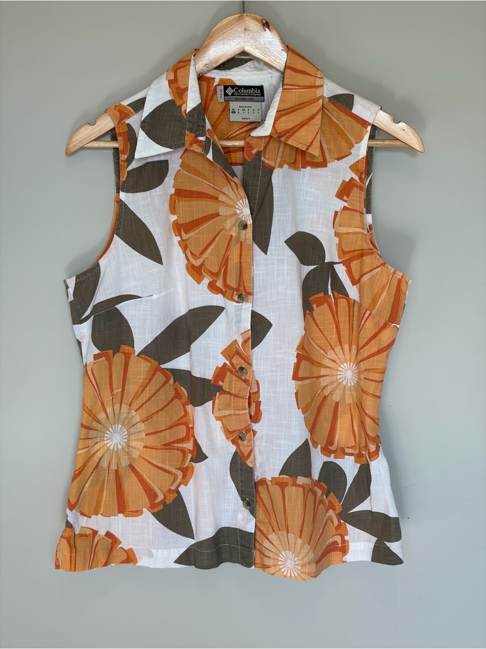 Columbia Orange Floral Sleeveless Button-Front Blouse